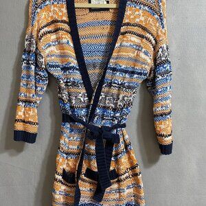 H&M Long Knit Cardigan Women's Multi-Colored Open Front Pockets w Waist Tie Sz S